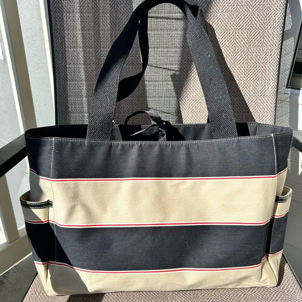NWT Kate Spade Clayton Stripe Black, Red, Tan striped Baby Bag from Nordstrom.